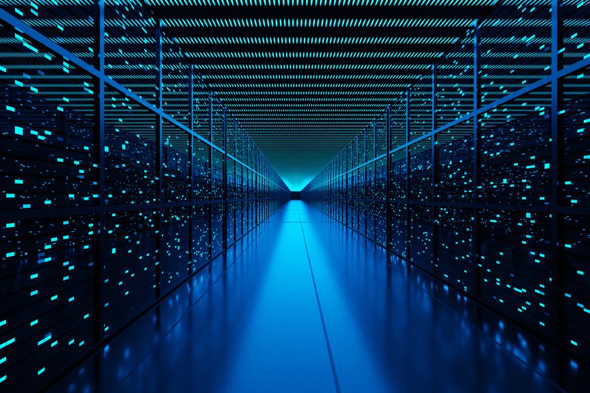 Server racks full of routers, switches and servers aligning on both sides of an aisle of a data center. Illustration of the concept of cloud computing and infrastructure as a service (IaaS)