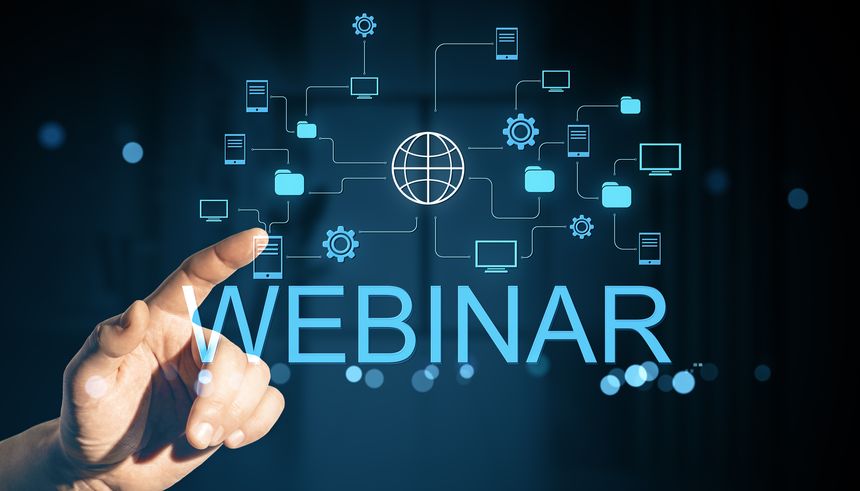 Online webinar training network with hand gesture, connected devices and flat icons on dark blue background, education concept