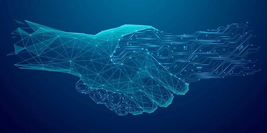 Digital partnership concept. A man and an AI robot engaging in a handshake. Abstract technology blue background. Great for a web banner or a presentation bg. Tech vector illustration.