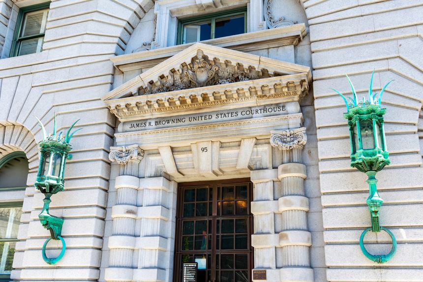 Entrance to courthouse for the United States Court of Appeals for the Ninth Circuit located in James R. Browning U.S. Court of Appeals Building - San Francisco, California, USA - 2019
