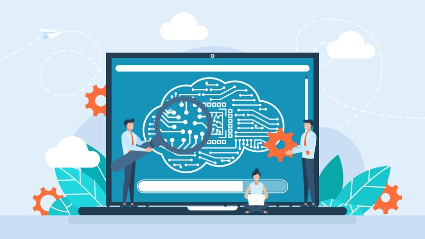 Programmers with laptop. AI. Brain with neural network. Artificial intelligence. Brain with digital circuit. Machine learning, digital brain, artificial thinking process concept. Vector illustration