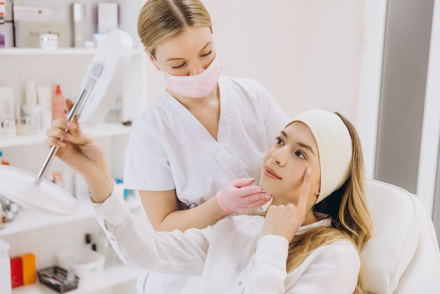 Medical professional displaying botox injection outcome, reflecting patient's transformed appearance with handheld mirror