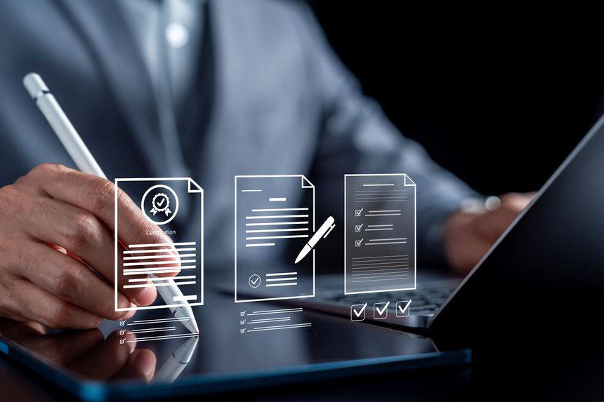 Compliance workflow with digital documents, checklist, certification, and signature. approval process, regulation management, business standards, and secure verification system.