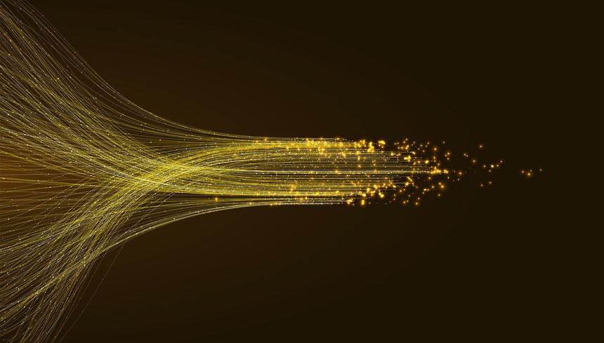 Intertwined golden lines. Radiant gold flare light background. Abstract vector wave flows with energy, motion, and speed, forming a digital stream for technology, business, and luxury design.