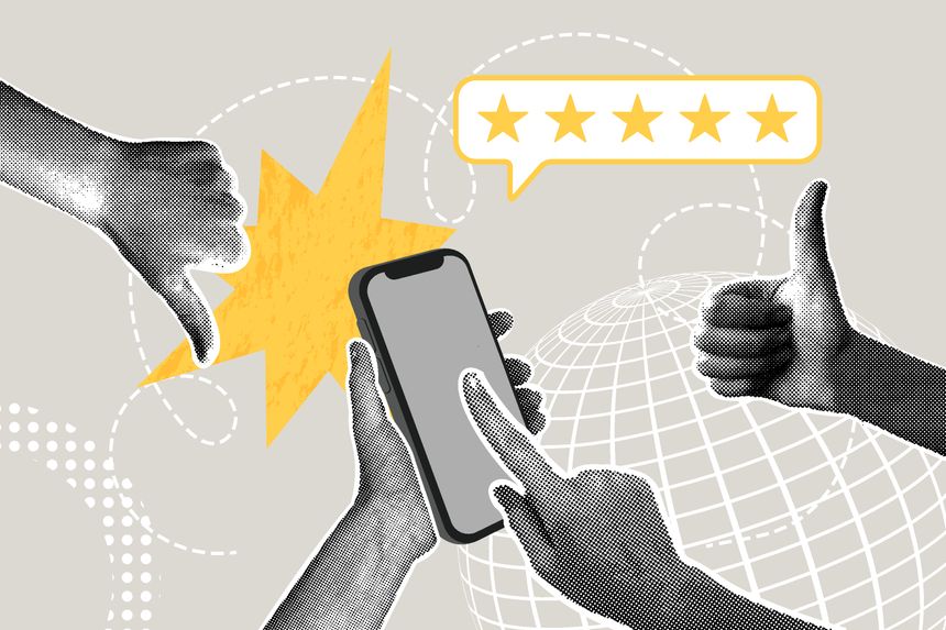 Modern halftone collage. Quality concept, reviews, rating, discussion. Phone with five star rating. Hands with thumbs up and thumbs down gestures.Modern business collage for design. Vector illustration