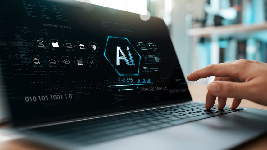 AI technology, artificial intelligence in work to help maximize efficiency, businessman uses AI technology to help analyze big data and use it in human daily life, future technology.