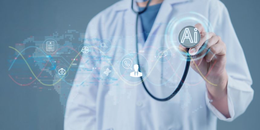Innovative AI healthcare concept with a doctor holding a stethoscope, digital icons, and futuristic technology background. Perfect for medical and tech visuals.