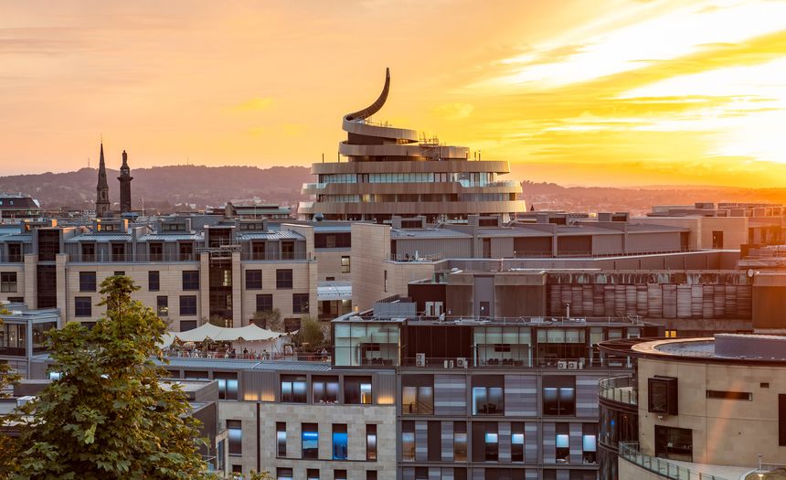 Edinburgh city skyline at sunset, Scotland travel photo