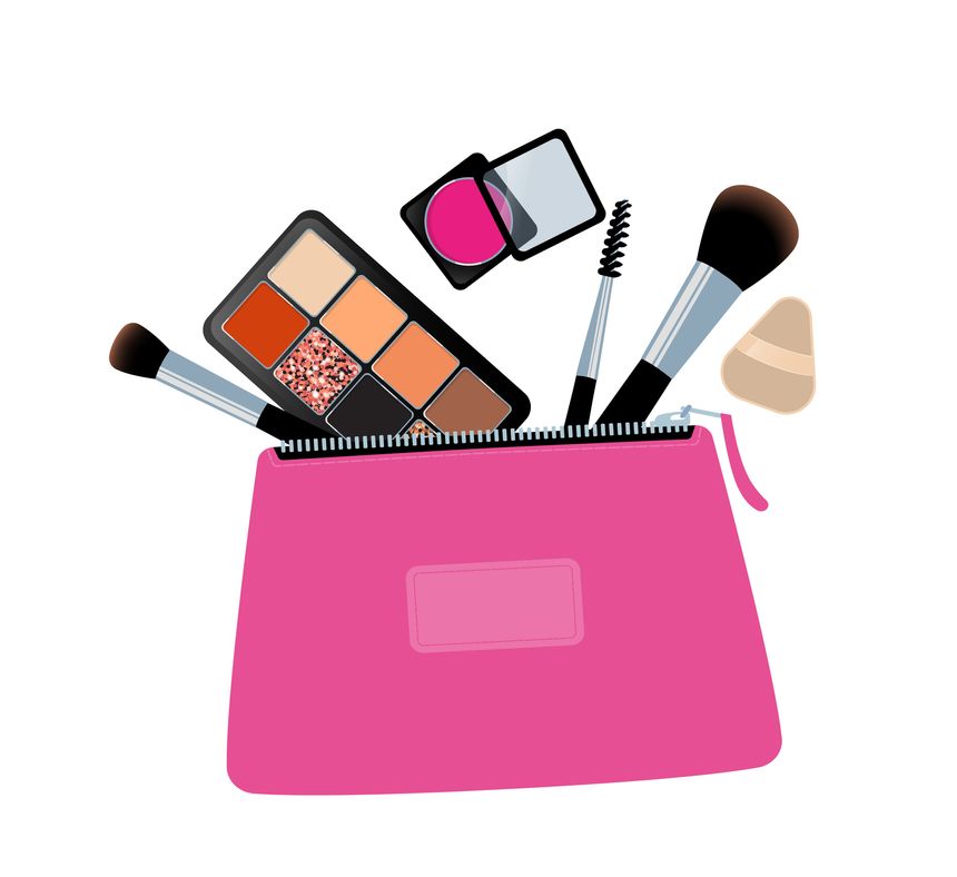 Cosmetic bag with cosmetic accessories: makeup brushes, eye shadow, blush, lipstick and sponge.