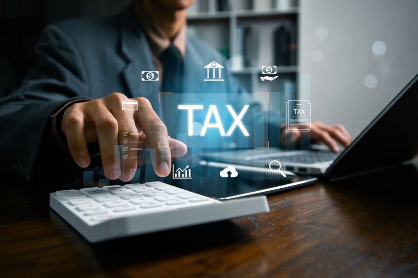Digital Tax Calculation and Management Concept. E-tax, Income tax, government taxes, financial research, Taxation, tax documents, and savings, report VAT and property tax of business.