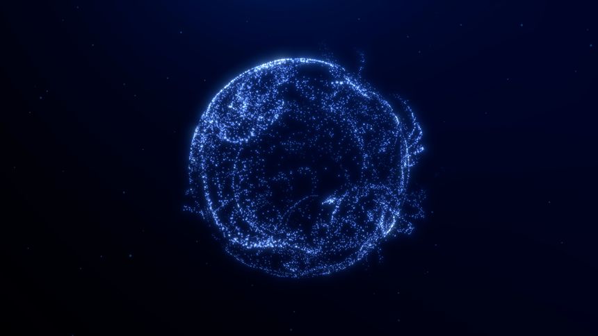 Futuristic glowing digital sphere made of blue particles on dark background. Abstract energy ball with tech motion look. Ideal for sci-fi, AI and data visuals.