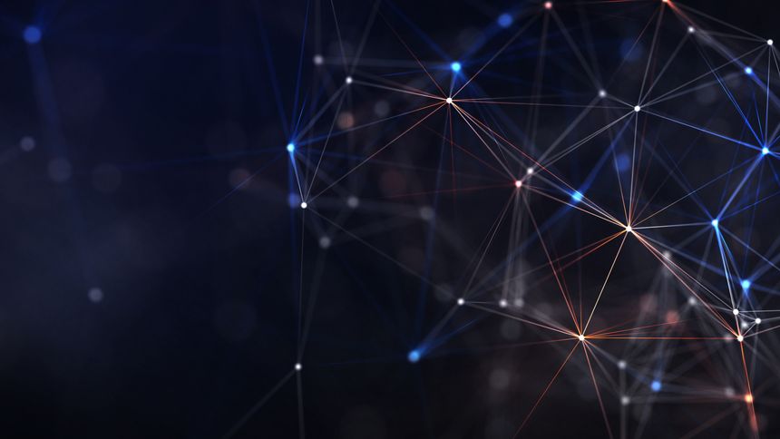 Abstract digital network with glowing nodes and lines on dark background. Ideal for themes of AI, big data, cybersecurity, communication, and futuristic technology.