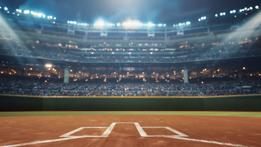 Closeup of home plate inside cinematic 3D rendered baseball stadium with dramatic lighting. Concept of intense sports moments, game anticipation, editorial sports visuals, and iconic stadium backdrop.