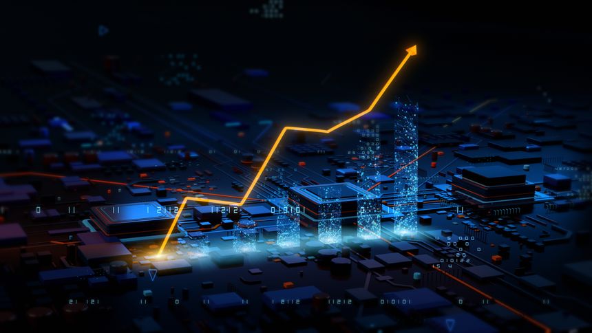 Financial growth on microchip digital bar graph and arrow, Positive market trends and tech Innovation, 3D rendering.