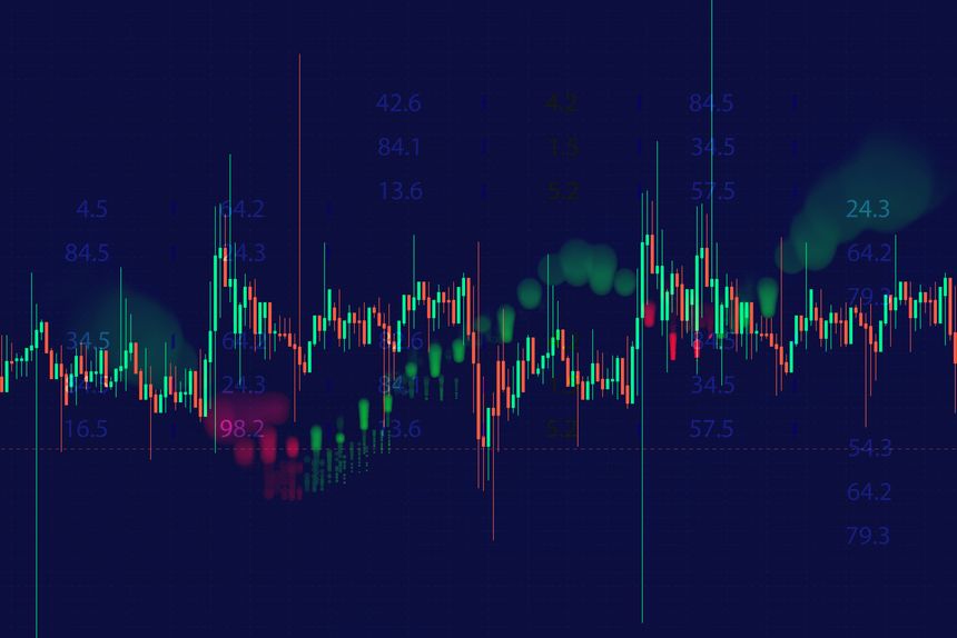 Abstract stock market chart with multicolored candlestick patterns and numeric overlays on a dark background. Concept for trading, investing, cryptocurrency markets and digital economy presentations