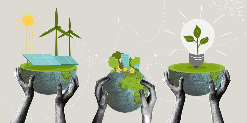 A sustainable future, green energy, and eco-innovation. A trendy halftone collage. The concept is to protect natural resources and ensure a sustainable future. Vector illustration