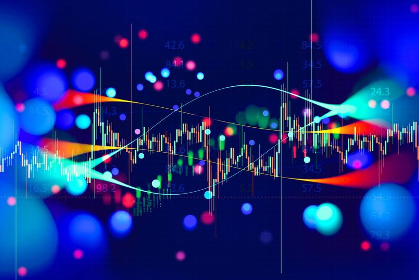 Abstract stock market chart with multicolored candlestick patterns and numeric overlays on a dark background. Concept for trading, investing, cryptocurrency markets and digital economy presentations