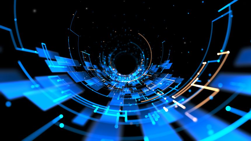 Abstract glowing blue tech tunnel with digital lines and floating data elements, perfect for technology, cyber, or futuristic concepts. Technology abstract background 3D Rendering