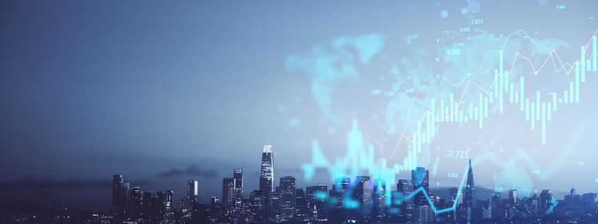 City skyline at night with financial data hologram overlay, double exposure style on a blue abstract background, concept of business technology