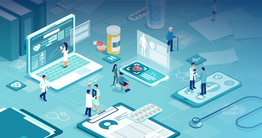 Health care and innovative technology in modern hospital, isometric vector
