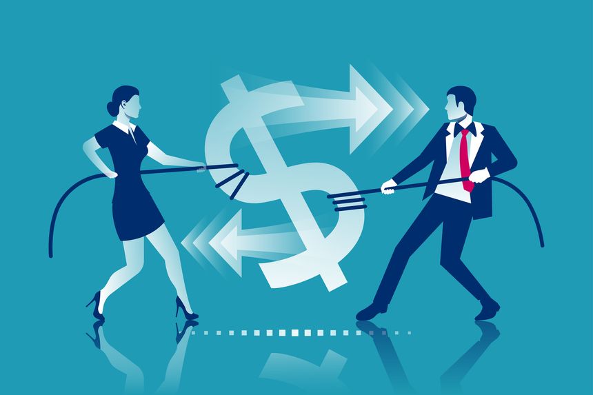 Business people man and woman fight for money. Divide profits. Financial conflict. Tearing money. Conflict concept. Torn in half. Vector illustration flat design. Isolated on white background.