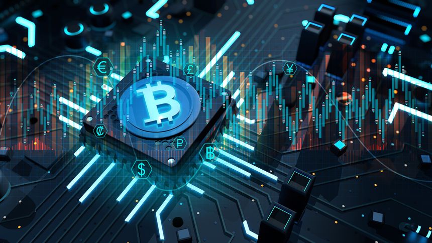 Close view of Bitcoin icon with blue light on microchip surrounded with icons of different world currencies on complex circuit board. International finance concept. 3D Illustration