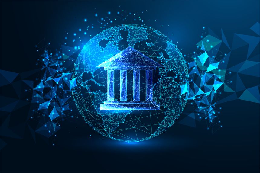 Digital banking, global networking, cyber security concept in futuristic glowing low polygonal style on dark blue background. International services. Modern abstract design vector illustration.