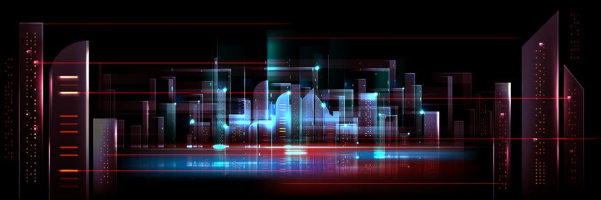 Abstract tech city AI skyline with neon lights, digital buildings and cyberpunk atmosphere for futuristic designs. Glowing skyscrapers reflect on water surface below. Modern urban landscape.