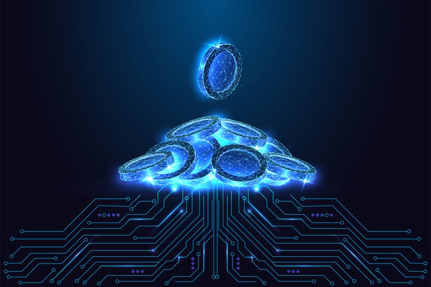 Fintech, digital currency and economic growth concept with glowing low-poly coins forming a futuristic stack above circuit lines. Neon blue mesh and tech sparkle effects. Modern vector illustration.