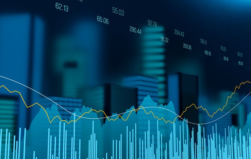 Stock market and exchange concept with skyline  and skyscrapers, bar graph, chart and stock ticker. Investment, trading, business, strategy. 3D illustration