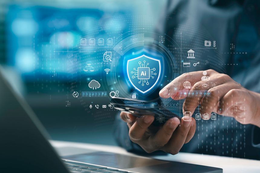 Cybersecurity and data protection concept. Businessman using AI technology for Cyber security and privacy management on internet network security and cloud computing. Secure Information Management