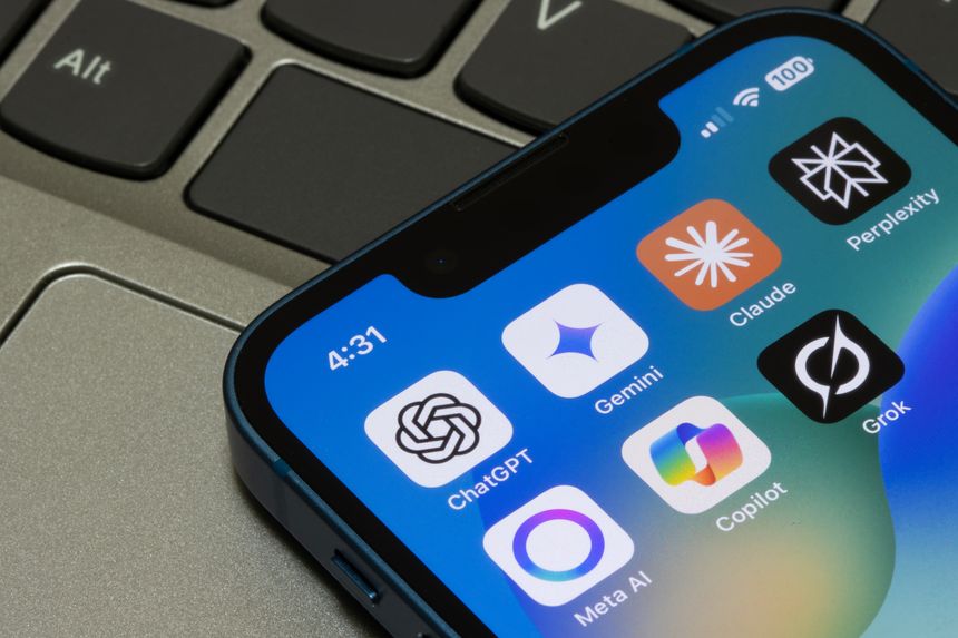 Portland, OR, USA - May 2, 2025: Assorted AI apps, including ChatGPT, Gemini, Claude, Perplexity, Meta AI, Microsoft Copilot, and Grok, are seen on the screen of an iPhone.