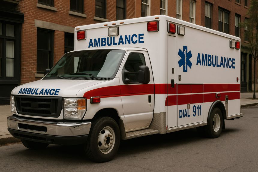 An ambulance stands parked on a city street, showcasing its bright markings and emergency lights. It is prepared for immediate medical assistance in a bustling urban environment.