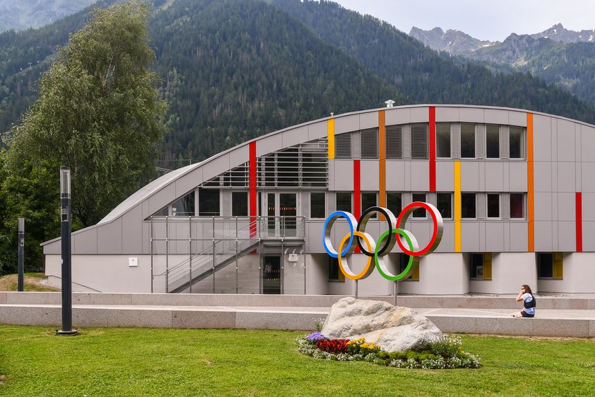 Chamonix, Haute Savoie, Auvergne Rhone Alpes, France - 07 10 2024: The Olympic logo displayed in front of the Youth and Culture Centre symbolizes Chamonix's legacy as the host of the inaugural Winter Olympic Games in 1924.