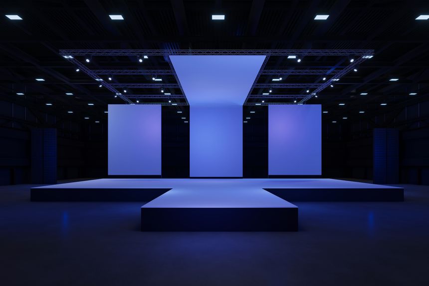 Empty stage Design for mockup and Corporate identity,Display.Platform elements in hall.Blank screen system for Graphic Resources.Scene event led night light staging.3d Background for onlineEvent,conference,live.3 render.