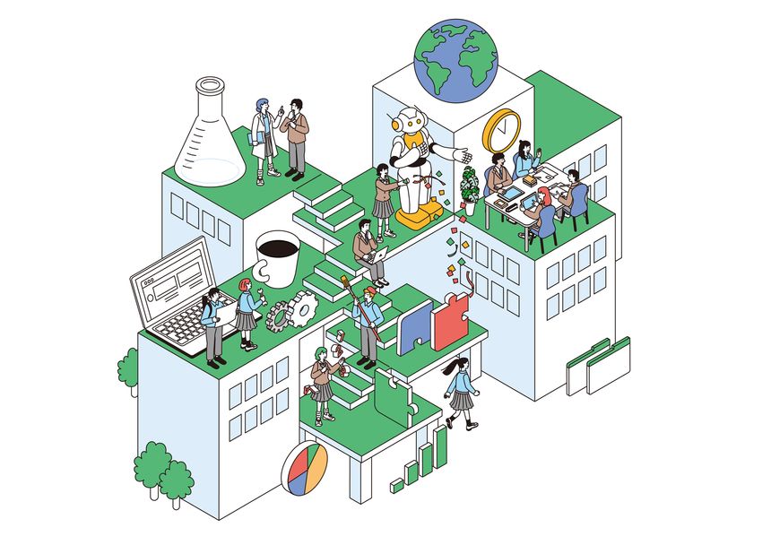 Isometric illustration of a fun school life
