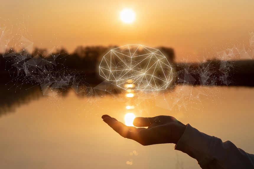 Hand supports the geometric shape of the brain against the background of a sunny sunset.