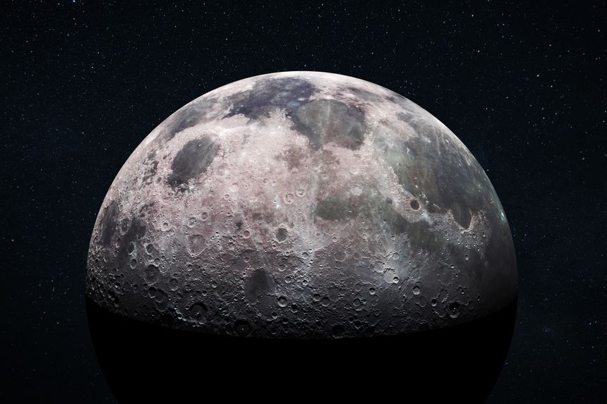 Space view of the moon's cratered surface with a star-filled outer space background. Deep space exploration and astronomy concept. Moon with detailed craters and surface