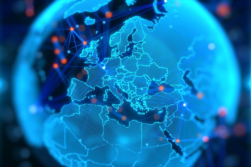 Blue holographic globe with nodes connected around earth. Concept of global network connection, communication technology, fintech, data exchange, worldwide exchange of information and online banking.