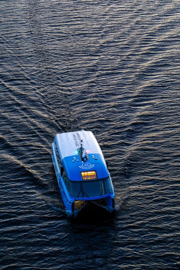 Stockholm, Sweden Oct 30, 2024 A new high speed and electric hydrofoil passenger and commuter ferry enters service between the City Hall and the Ekero island. Here in downtown.