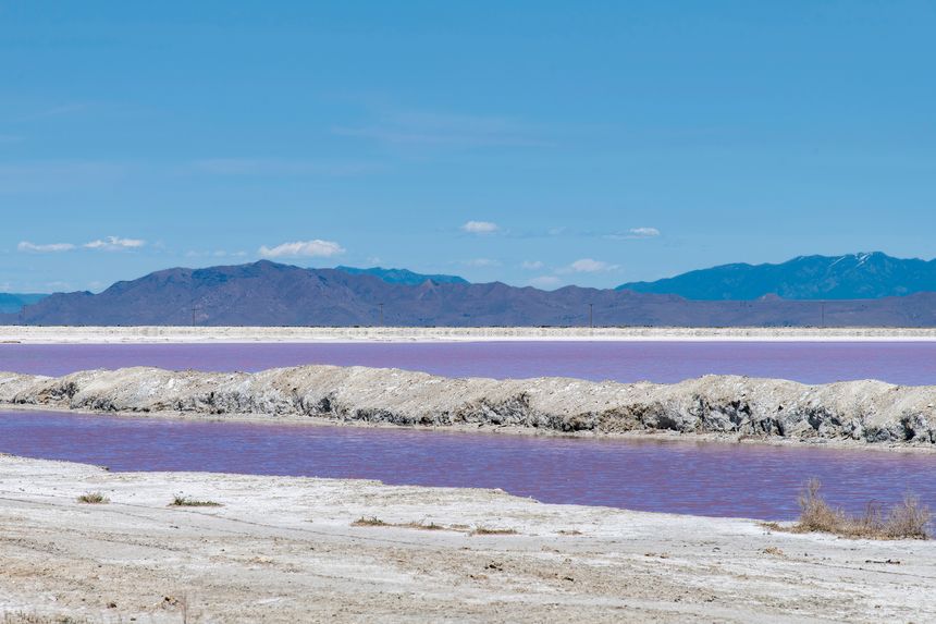 Panoramic view over a pink lake at Stansbury Island, Great Salt Lake, Utah, USA with mountains in background (pink color due to halophile microalgae and salt-loving bacteria)