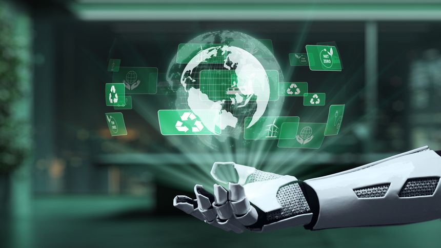 A futuristic robotic hand interacts with a digital globe while displaying recycling icons, representing the intersection of technology, sustainability, and modern innovation. Auvana