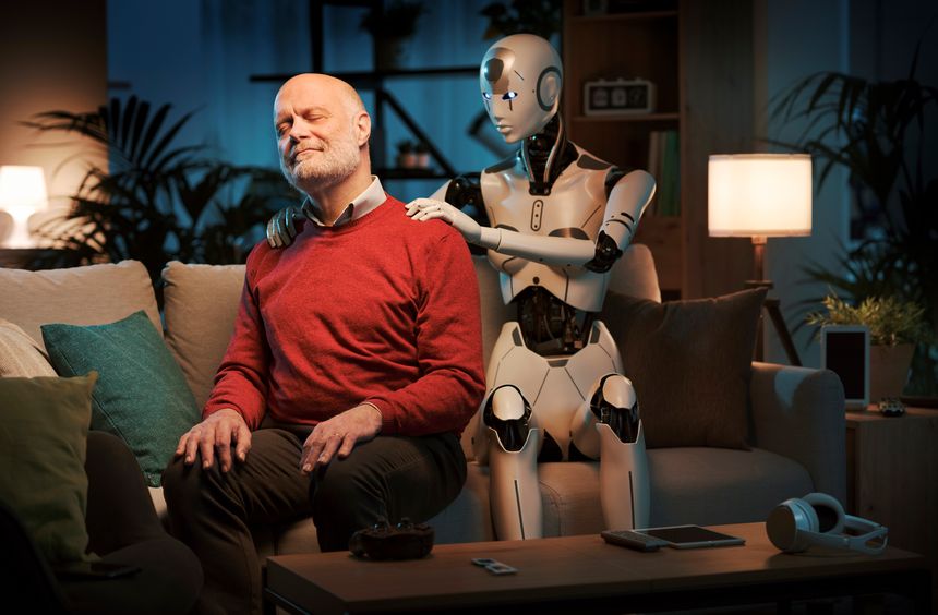 Happy senior man sitting on the couch at home and receiving a massage from a caring female AI robot