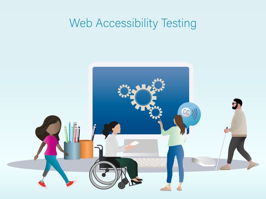 Diverse group of people, including individuals using a wheelchair, a prosthetic leg, and a white cane, collaborating to test and improve web accessibility and digital inclusion