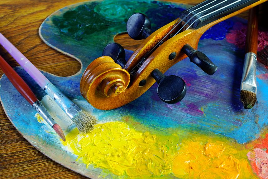 violin, brushes and palette