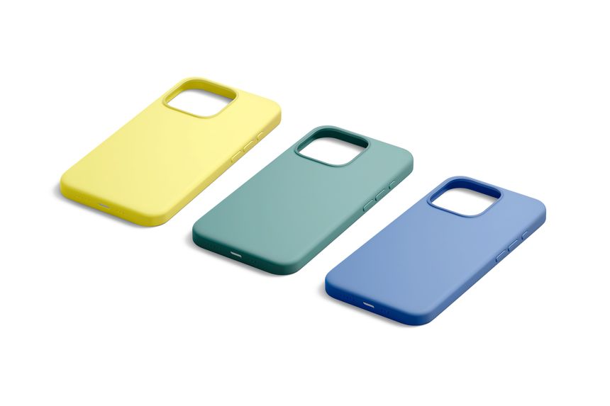 Blank matte colored phone case mockup lying, side view, 3d rendering. Empty yellow, green and blue protection casing mock up, isolated. Clear sleek plastic or silicone slipcover accessory template.