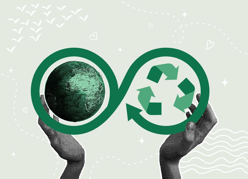 Trendy halftone collage. Sustainability. Recycling and protecting our planet.Concept of circular economy,eco-friendly product,environmental protection,recycling materials. Vector illustration