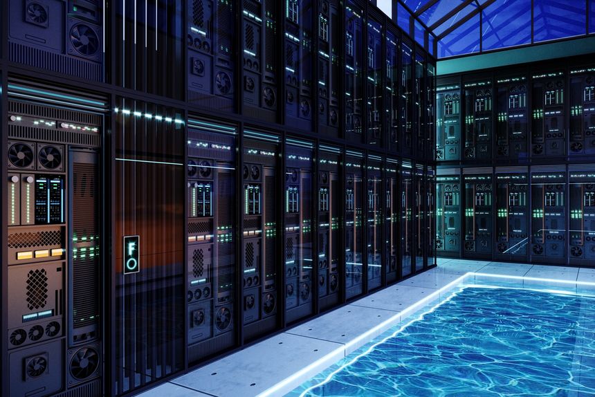 3d illustration. Futuristic Data Center Interior with Modern Server Racks and water cooling