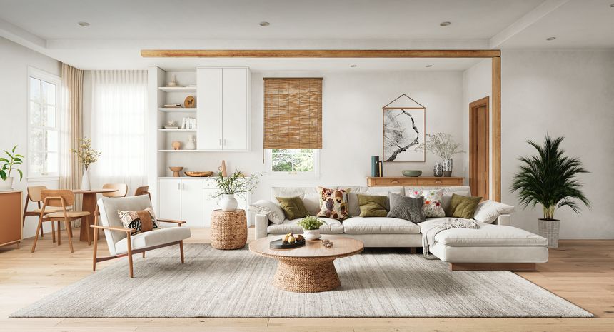 Bright modern Scandinavian living room interior with natural wood furniture, neutral color palette, cozy sofa, woven textures and indoor plants.