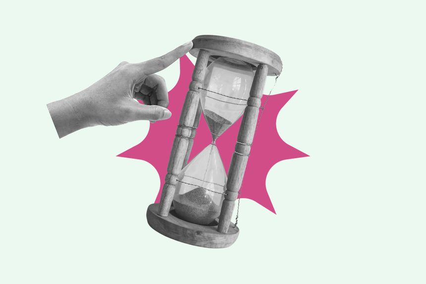 Hand pointing and pushing hourglass with sand falling, running out of time concept. Pop art illustration, digital collage.